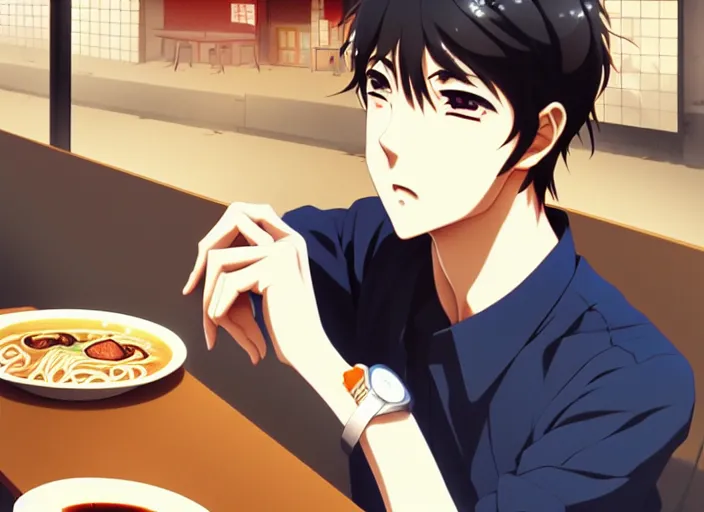 Image similar to anime visual, full body illustration a young man having lunch at a ramen stand, handsome face by ilya kuvshinov, yoshinari yoh, makoto shinkai, katsura masakazu, dynamic perspective pose, detailed facial features, kyoani, rounded eyes, crisp and sharp, cel shad, anime poster, ambient light,