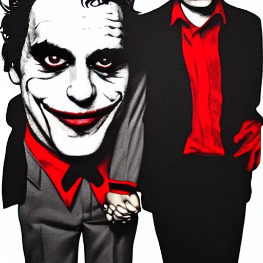 Image similar to mimmo rottela and banksy as joaquin phoenix skinny joker holding hand lady gaga harley queen, ultra photorealistic, intricate details, pop art style, concept art, 3 colors, 4 d, smooth, sharp focus