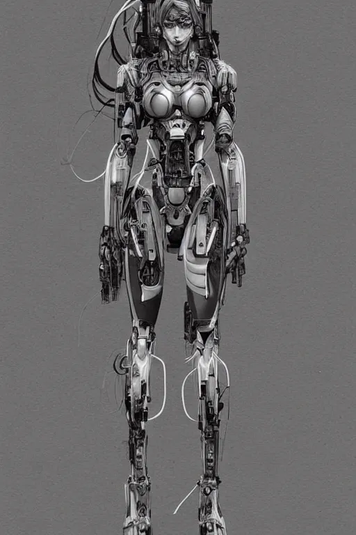 Prompt: full body illustration female cyborg, highly detailed, sumi - e art, suiboku - ga ink, by kim jisu, pen and ink monochrome, mecha, deviantart, artstation, pinterest