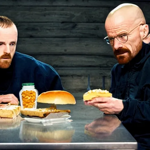 Image similar to walter white and jesse pinkman eating hamburger