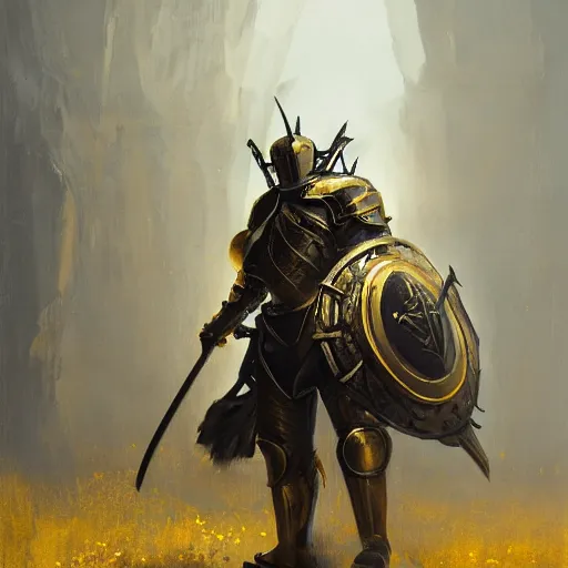 Prompt: anthropomorphic knight warrior in battle wearing black and gold plate armor, oil painting, Tooth Wu, Greg Rutkowski, RPG, dynamic lighting, fantasy art, High contrast, depth of field, landscape, scenery