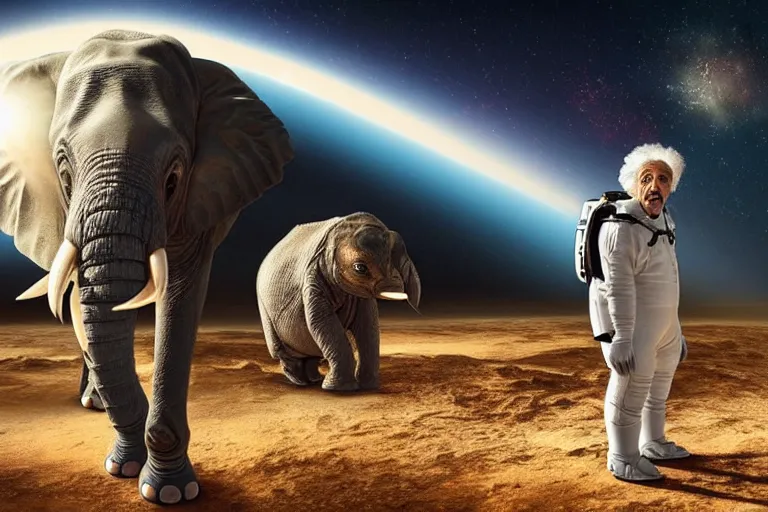 Prompt: still fullbody photo of sad albert einstein in spacesuit, giant flat earth on elephants and turtle at background, highly detailed, photorealistic shot, bright studio setting, studio lighting, crisp quality and light reflections, unreal engine 5 quality render