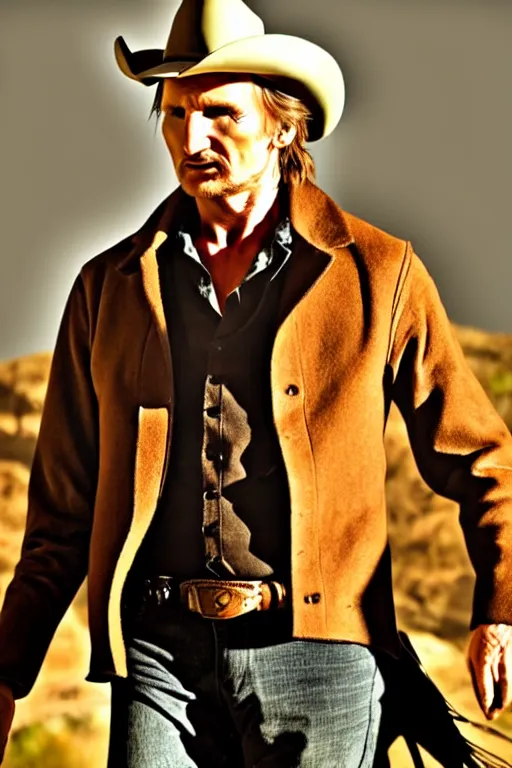 Prompt: cinematic of liam neeson cowboy, dramatics, middle shot