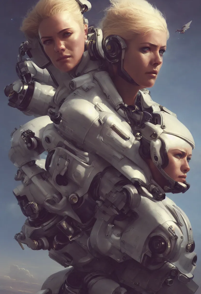 Prompt: stoic heroic emotionless handsome butch blonde woman engineer in flight suit, ultra high definition, ultra detailed, symmetry, matte painting, by greg rutkowski and ross tran and wlop