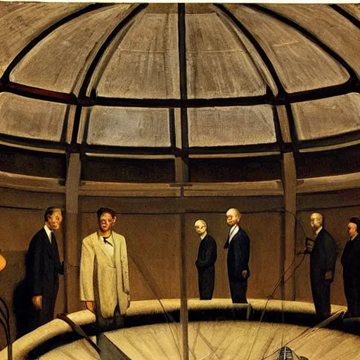 Image similar to scientists inspecting a giant mechanical eye in a dome - shaped control center, grant wood, pj crook, edward hopper, oil on canvas