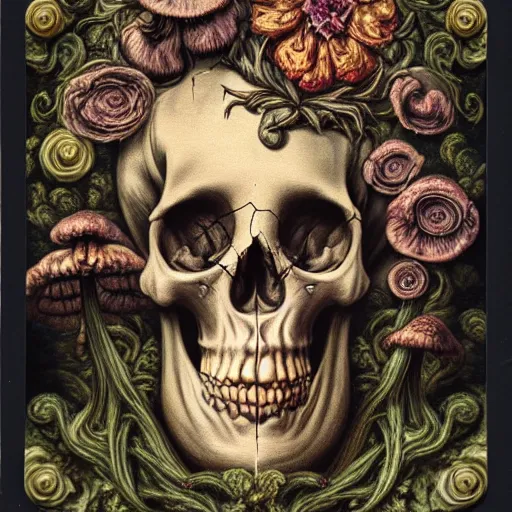 Image similar to a beautiful detailed front view rococo portrait of a rotten woman corpse becoming almost a skull with fractal plants and fractal flowers and mushrooms growing around, intricate, ornate, volumetric light, beautiful lit, polaroid photography, the northman