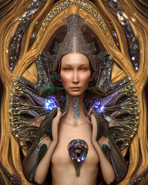 Image similar to a highly detailed metahuman 4 k close up render of an alien goddess bella hadid monument renaissance in iris van herpen dress schiaparelli in diamonds crystals swarovski and jewelry iridescent in style of alphonse mucha gustav klimt trending on artstation made in unreal engine 4