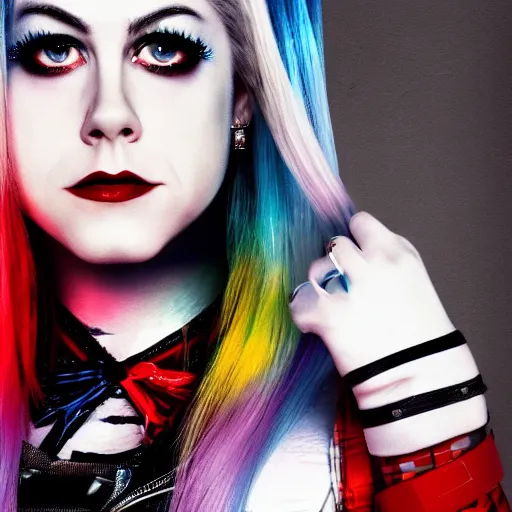 Image similar to an potrait of Avril Lavigne play Harley Quinn, 4k