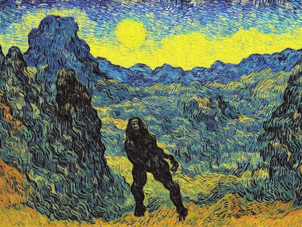 Prompt: bright beautiful oil painting of a valley with giant black monoliths and a dancing primitive ape at sunset, light scatter, van gogh