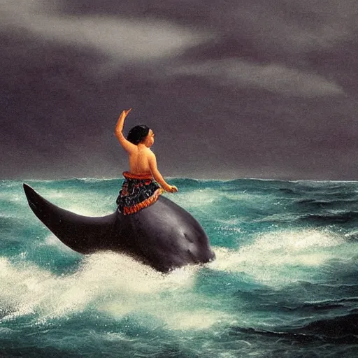 Image similar to maori girl riding a whale in ocean ,in the rain, style of Hiroshi Sugimoto ,atmospheric illustration,