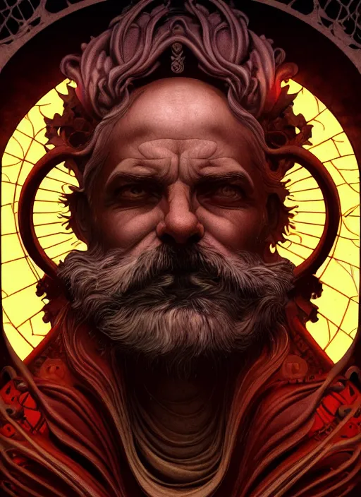 Image similar to the god hephaestus, old man, fiery hair, glowing eyes, volumetric lights, yellow and red scheme, art nouveau botanicals, gothic, intricate, highly detailed, digital painting, artstation, concept art, smooth, sharp focus, symmetric face, illustration, steampunk, art by artgerm and greg rutkowski and alphonse mucha