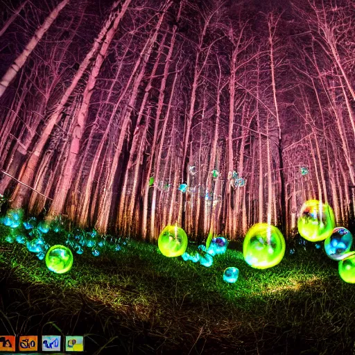 Prompt: professional photograph of a forest filled with glowing bubbles, evening, highly detailed, high quality, award-winning, awe-inspiring, spectacular, 8K, HD