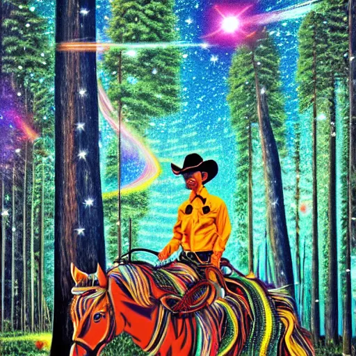 Prompt: psychedelic, trippy, broken cowboy, lush pine forest, milky way, horse, planets, cartoon by rob gonsalves, sharp focus, colorful refracted sparkles and lines, soft light