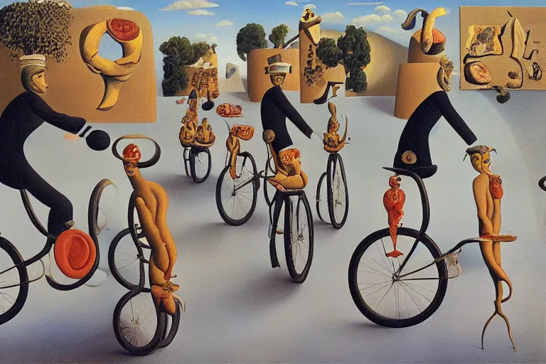 Prompt: a surrealist painting of people riding bikes with baguettes on their heads, Dali, Magritte