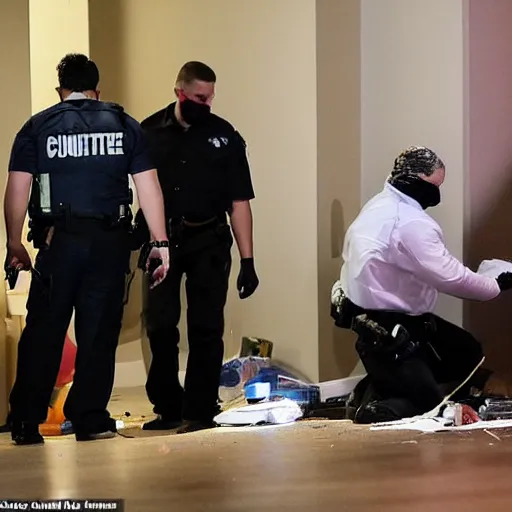 Prompt: Several forensic agents collecting evidence at a crime scene in the living room of an apartment