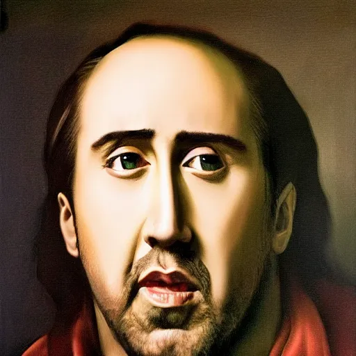 Image similar to paint portrait on canvas ofnicolas cage caravaggio style 4 k