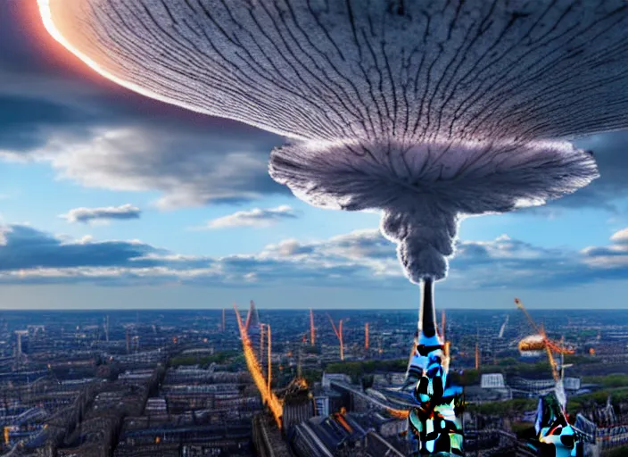 Image similar to nuclear mushroom cloud over london, 8 k, sharp detail, depth of field