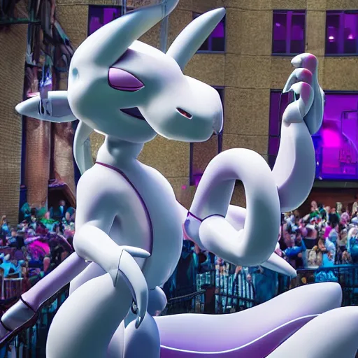 Prompt: Mewtwo giving a concert, EOS 5D, ISO100, f/8, 1/125, 84mm, RAW Dual Pixel, Dolby Vision, HDR, professional