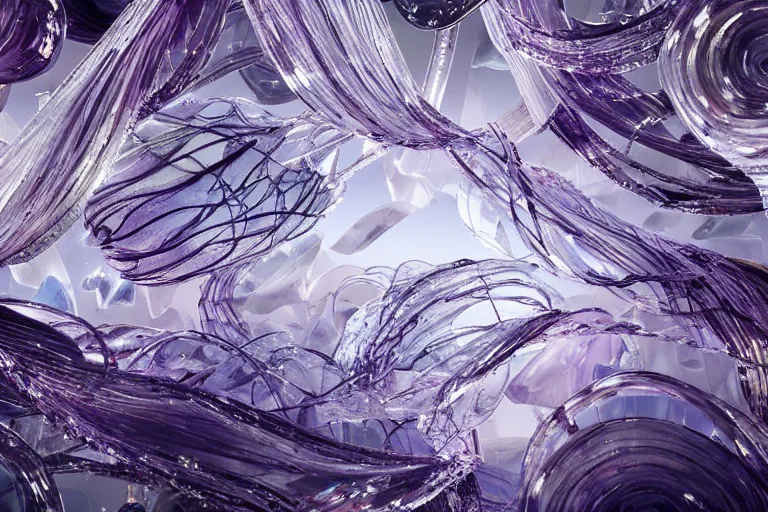 Prompt: simplicity, a flock of ornate twisting translucent puffy filigreed clouds tangled into large whirling ultra detailed clumps of crystal specimens, abstract environment, playful, award winning art, epic dreamlike fantasy landscape, ultra realistic,