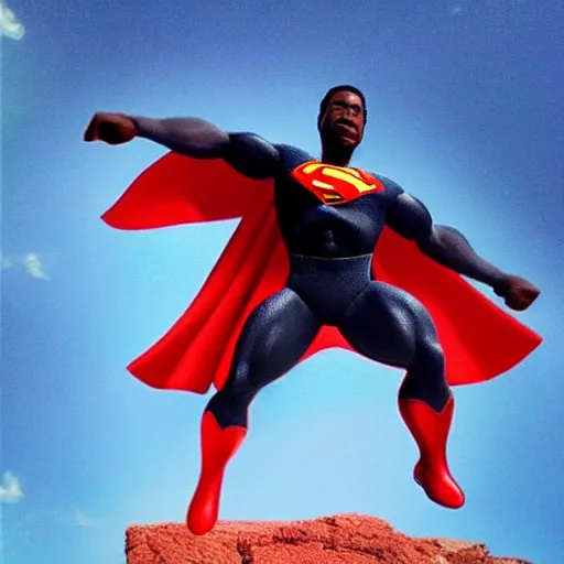 Image similar to hyper realistic black superman flying. super dialed. super muscled