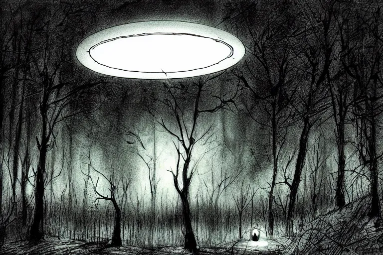 Image similar to UFO landing in a haunted the dark forest artwork by ben templesmith