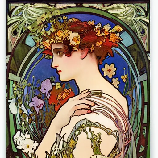 Image similar to persephone as godess of hell and flowers, painted by alphonse mucha