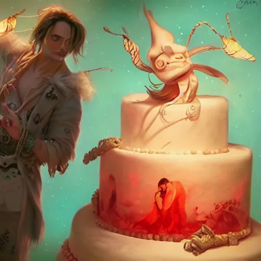 Image similar to johnny depp wearing a cake, warm fantasy, wenjun lin, studio ghibli, artgerm