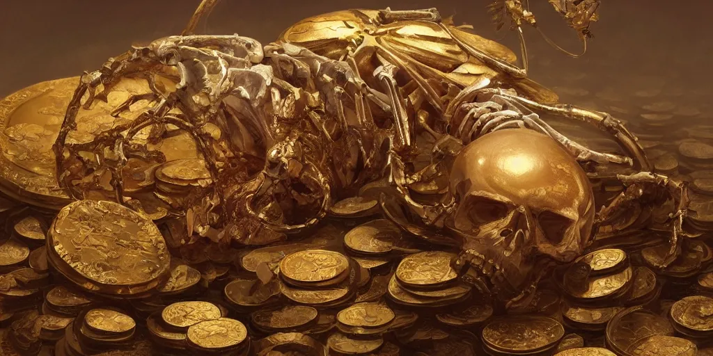 Image similar to concept art of a skeleton laying in the middle of golden coins and precious jewels, pearl, rubi, diamonds, painting by wlop, nixeu and greg rutkowski, beautiful, semirealism, artstation, octane render, oil painting, sharpness, 8 k, golden ratio