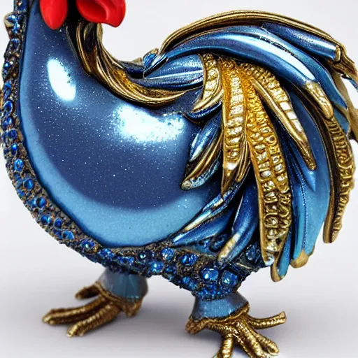 Image similar to beautiful, glorious crystallized gold sculpture chicken emperor, blue and silver colors, intricate details, realistic, reflective 3 d rtx hd