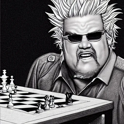 Image similar to A Beholder from Dungeons & Dragons playing chess with Guy Fieri, drawn by Boris Vallejo, highly detailed, intricate rendering