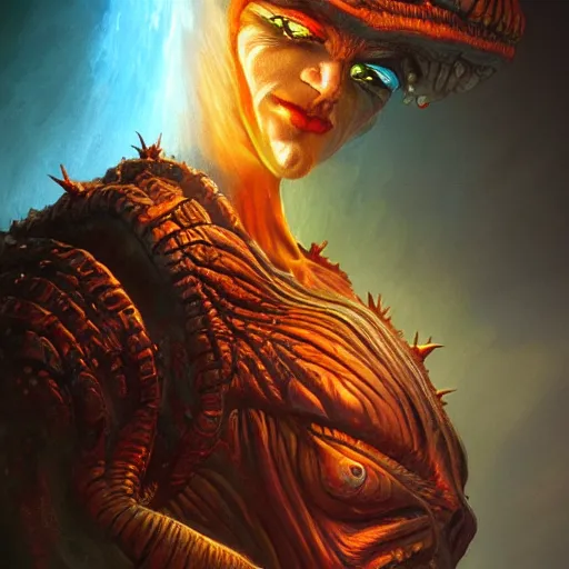 Image similar to bright, colorful, realistic, detailed from Elder Scrolls: shivering isles concept art Geiger and Beksiński alien portrait backlighting, kodachrome, high contrast, highly detailed, sharp focus, digital painting, concept art, illustration, trending on artstation, comic book by Alex Ross and Adam Adamowicz cover art