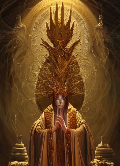 Prompt: slender high priest in a ornate robe, strange headpiece, subsurface scattering, by gerald brom, karol bak, tomasz alen kopera, cgsociety and fenghua zhong, highly detailed, rim light, cinematic lighting, illustration, art, octane render, very coherent, cinematic, hyper realism, high detail, octane render, 8 k