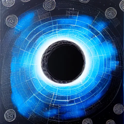 Image similar to a black hole at the center of a golden wireframe geometric structure, dyson sphere, deep blue and dark cyan nebula background, highly detailed artwork, acrylic painting