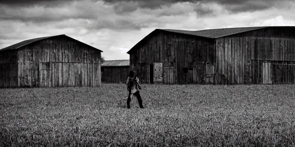 Image similar to street photography, an old barn in a field in the style of Roger deakins .