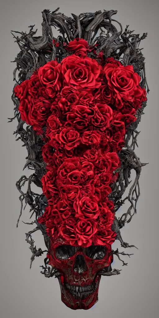 Image similar to skull made of red roses, organic horror, devil, death, giger, epic, baroque, art nouveau, james jean, photorealistic render, 3 ds max + v - ray, extremely detailed and intricate, center composition, elegant, vfx, unreal engine 5, octane render, extremely contrast, extremely sharp lines