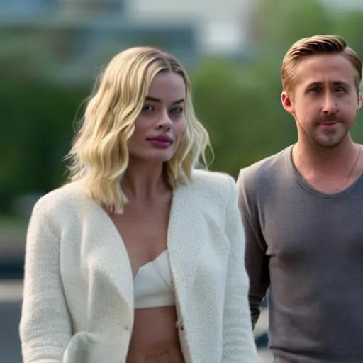 Prompt: still of ryan gosling and margot robbie, walking in human face
