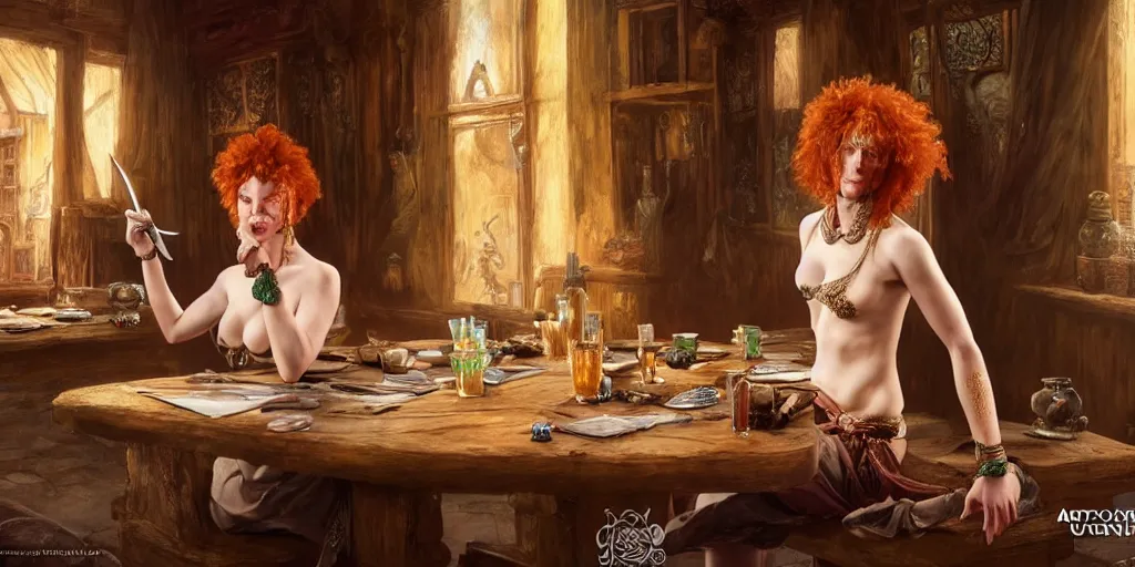 Image similar to ginger woman, sitting and drinking in an ancien tavern and playing with a knife, attractive, warrior, magic the gathering, action pose, ancient, sand, emerald, intricate, highly detailed, digital painting, artstation, concept art, smooth, sharp focus, illustration, Unreal Engine 5, 8K, art by artgerm and greg rutkowski and alphonse mucha