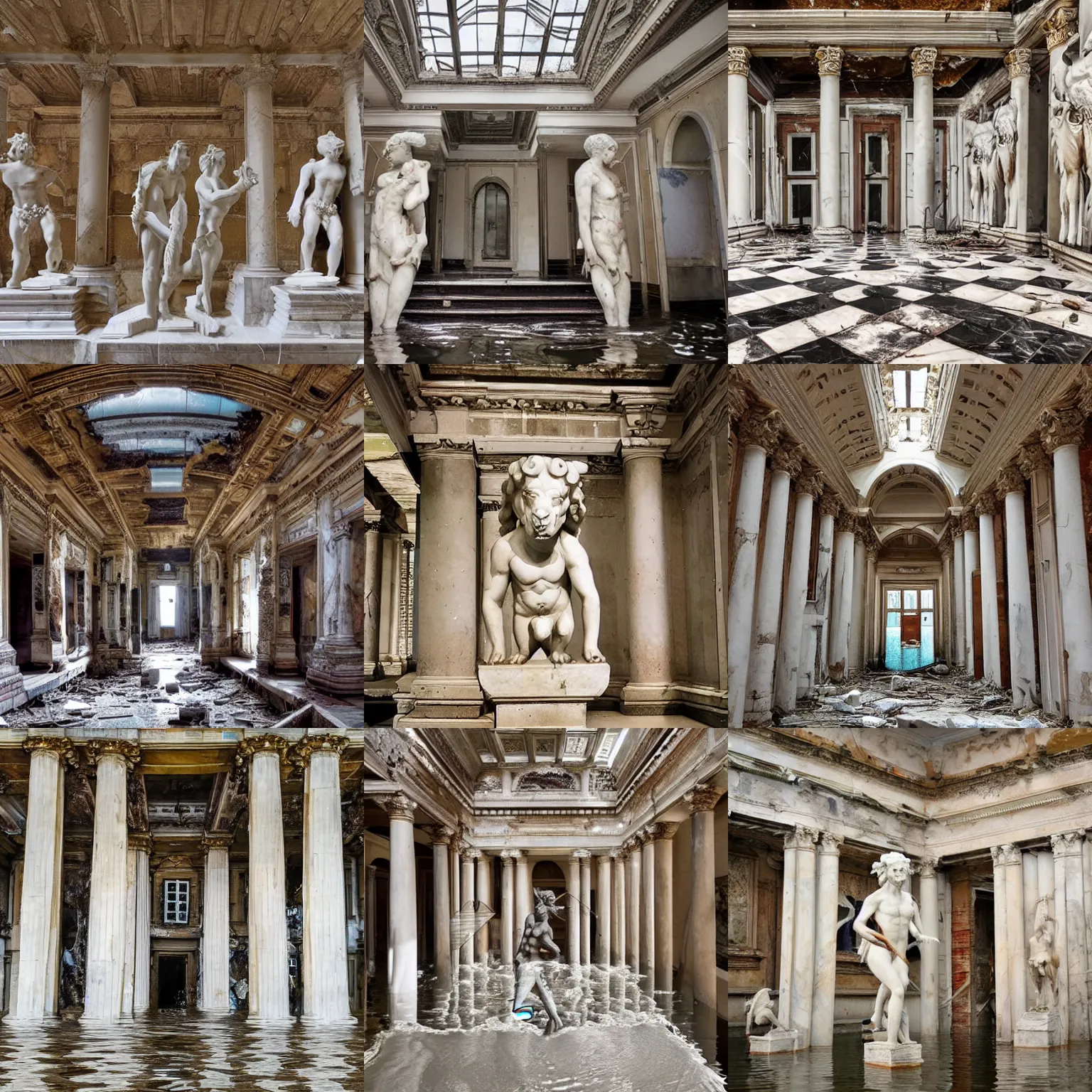 Prompt: photo piranessi symmetry flooded connected neoclassic halls and beautiful human statues myriad of huge marble staircases minotaur gods pelicans helenistic classic statues sculptures decrepit derelict abandoned flooded water damage - t