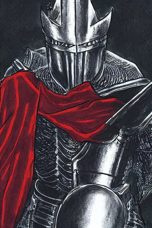 Image similar to Elon Musk as a knight in the style of Berserk, by Kentaro Miura