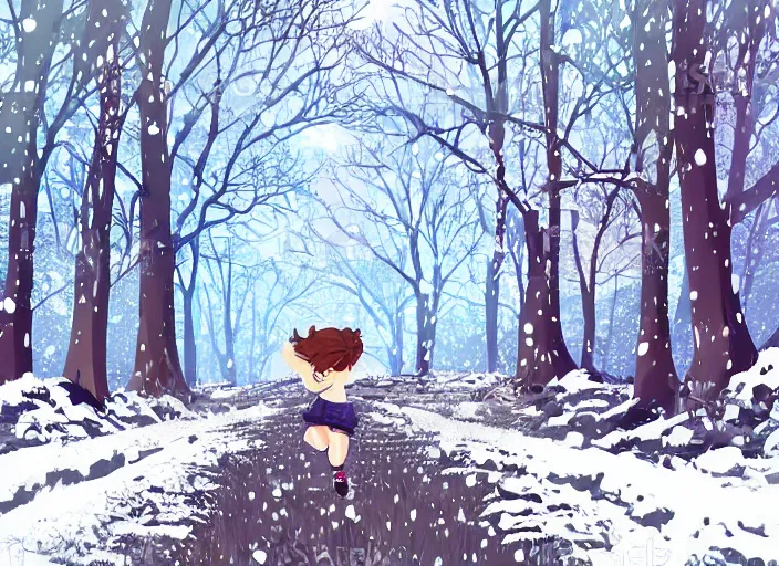 Prompt: little girl with short wavy curly light brown hair running in the snowy forest. clean cel shaded vector art. shutterstock. behance hd by lois van baarle, artgerm, helen huang, by makoto shinkai and ilya kuvshinov, rossdraws, illustration, art by ilya kuvshinov