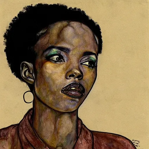 Image similar to portrait of lauryn hill by egon schiele in the style of greg rutkowski