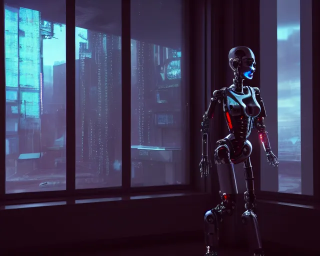 Image similar to terminator mechanical lady with borg enhancements and optical fibers is drinking coffee near a window with dystopian city visible outside. very detailed 8 k. cyberpunk fantasy style. unreal engine render. global illumination. nanite. rtx. path tracing.