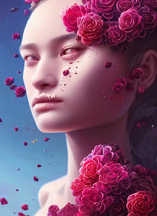 Image similar to portrait of a female face with roses instead of eyes. roses, intricate abstract upper body intricate artwork, by tooth wu, wlop, beeple, dan mumford. concept art, octane render, deviantart, greg rutkowski, cinematic arthouse, key art, hyper realism, iridescent accents