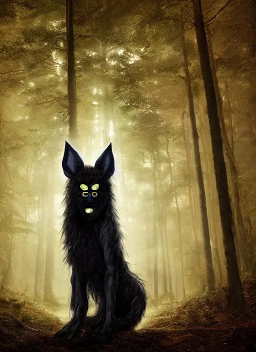 Image similar to a ominous furry creature with long twisted ears standing in a forest, big yellow glowing eyes, dark fantasy, michael kutsche, concept render, cinematic lighting