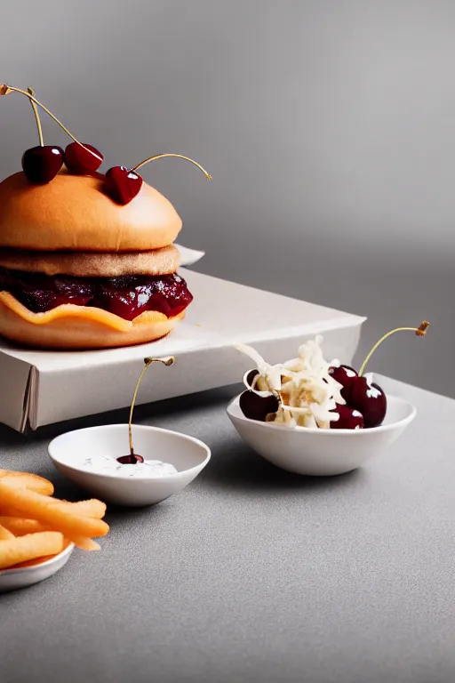 Image similar to mcdonalds hamburger covered in cherries, commercial photography