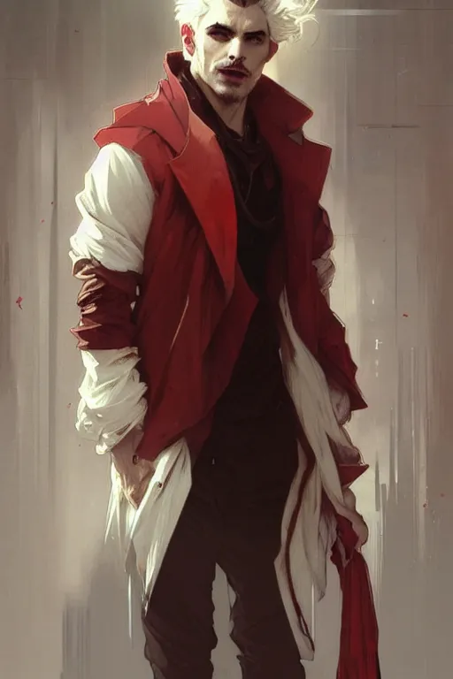 Image similar to portrait of a beautiful young fit male vampire with curly white hairs, dressed with urban clothes, by greg rutkowski and alphonse mucha, d & d character, gradient white to red, modern nocturnal background, highly detailed portrait, digital painting, artstation, concept art, smooth, sharp focus ilustration, artstation hq