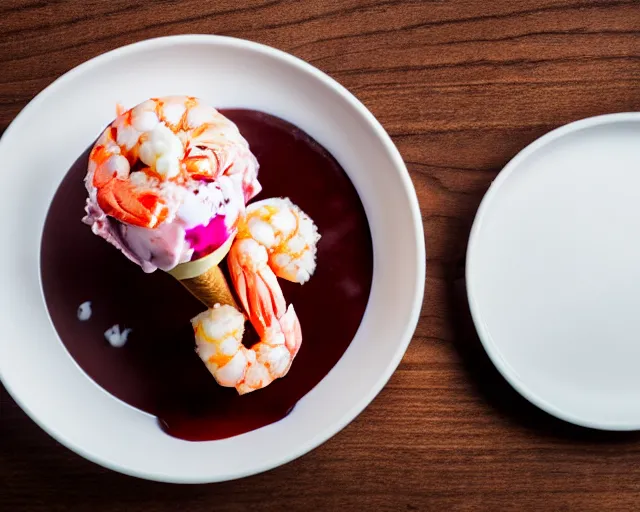 Image similar to dslr food photograph of an ice cream desert with shrimp on. 8 5 mm f 1. 4