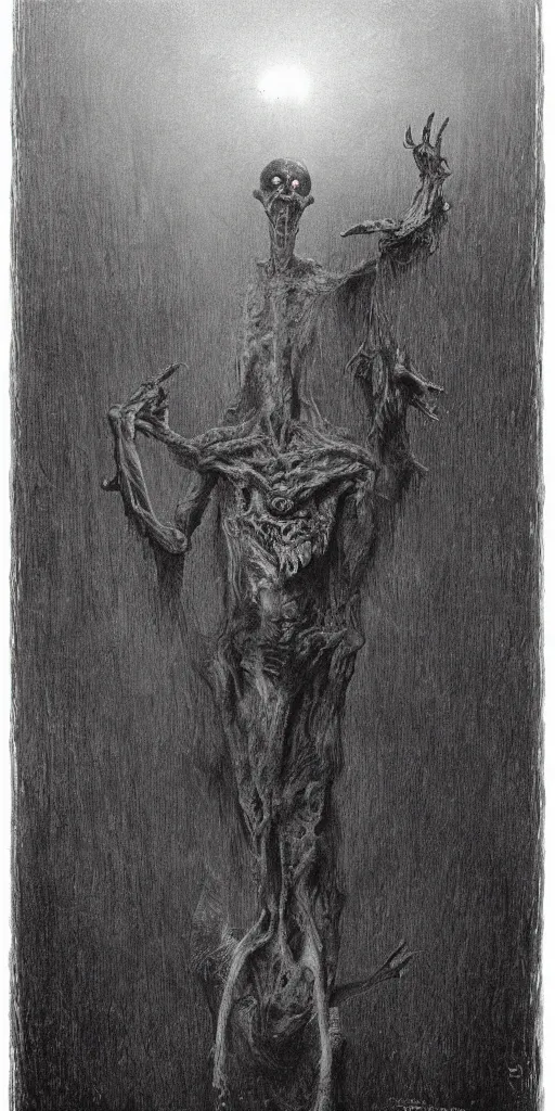 Image similar to demonic alien with long fingers at the foot of the bed in a dark room, tombstones, cows, beksinski