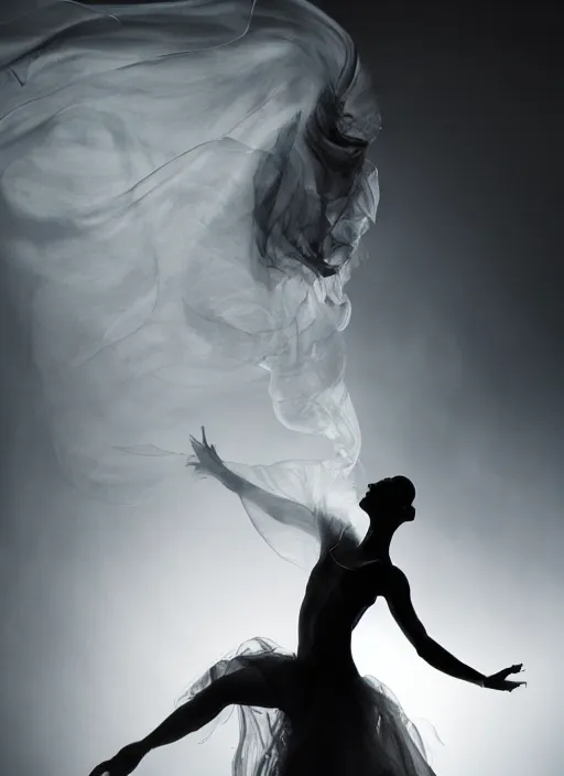 Image similar to a Photorealistic dramatic hyperrealistic render of a beautiful Female smoke dancer by Ken Brower and Deborah Ory of NYC Dance project,Lois Greenfield,Flowing cloth and smoke,Beautiful dynamic dramatic dark moody lighting,volumetric,shadows,cinematic atmosphere,Octane render,8K