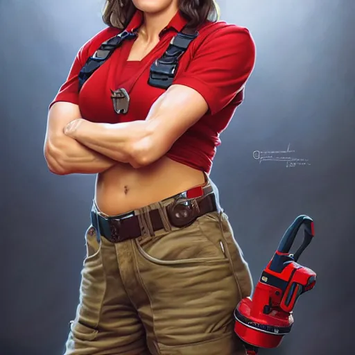 Image similar to epic portrait a slightly muscular woman wearing short sleeved uniform and carrying a red power tool drill, detailed, centered, digital painting, artstation, concept art, donato giancola, Joseph Christian Leyendecker, WLOP, Boris Vallejo, Breathtaking, 8k resolution, extremely detailed, beautiful, establishing shot, artistic, hyperrealistic, beautiful face, octane render